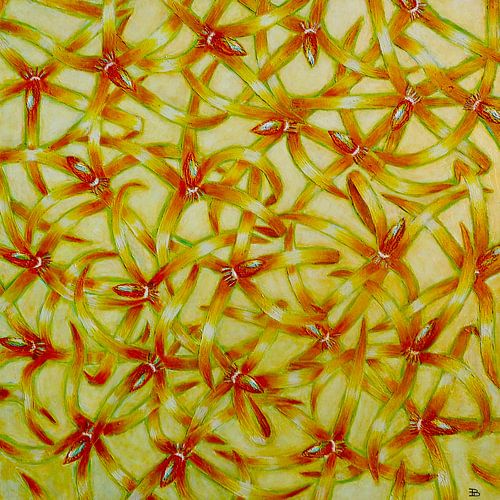 Schilderij van bloemenveld oranje geel