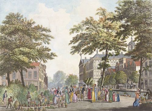 Gezicht op de bloemenmarkt en gedeelte van Koninklijk Paleis te Amsterdam, naar Cornelis de Kruyff, 