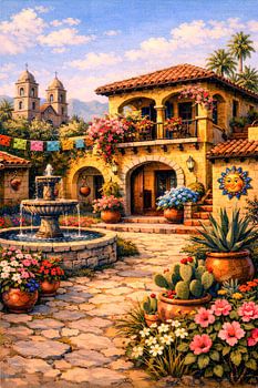 Cour d'une hacienda mexicaine, architecture coloniale, peinture à l'huile