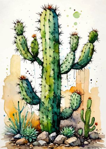 Cactus Brutaal Aquarel Schilderij - Ruwe Woestijn Botanische Kunst
