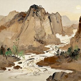 Landschaftsmalerei Japanische Berge Abstrakter Expressionismus in Naturfarben von FRESH Fine Art