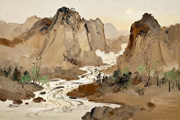 Landschaftsmalerei Japanische Berge Abstrakter Expressionismus in Naturfarben von FRESH Fine Art