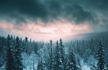 Mystiek winters boszicht van fernlichtsicht
