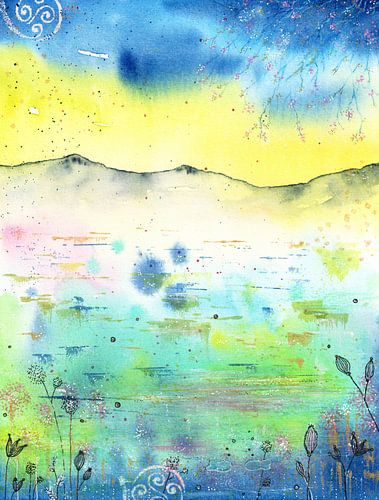 Abstract mountain and lake landscape in yellow, blue, green by Enjoy-Aquarell