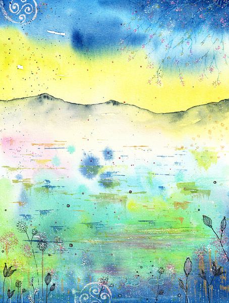 Abstract berg- en meerlandschap in geel, blauw, groen