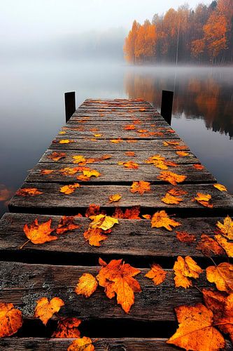 Herfstige houten plank bij het meer