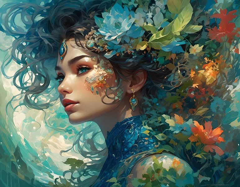 Belle femme entourée de feuillage de fleurs printanières par Eye on You