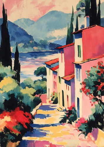 Mediterranean coastal path with pink houses