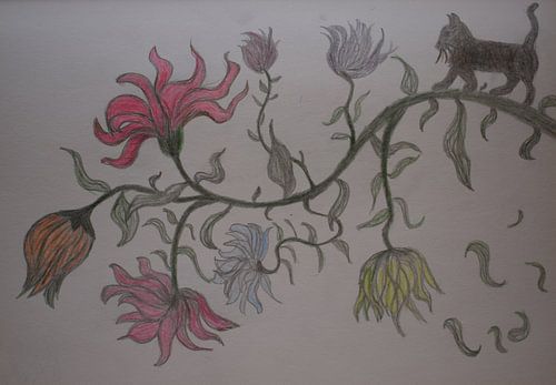 Potloodtekening van sprookjesachtige bloementak met katje