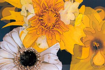 Mixed media with different flowers in yellow and brown shades. by Therese Brals