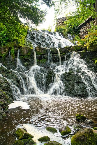 Kleine waterval in het bos met mos op stenen