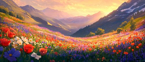 Zee van bloemen in het avondlicht
