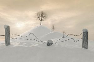 Verschneite Schneelandschaft mit Hügeln und Bäumen von Besa Art