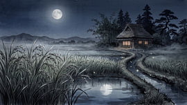Rêves au clair de lune au-dessus des rizières japonaises sur my pixel art