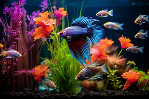 Aquarium mit farbenfrohen Fischen und einem Kampfisch im Vorderg