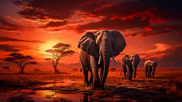 Afrikanische Elefanten in der Savanne bei Sonnenuntergang von Luc de Zeeuw
