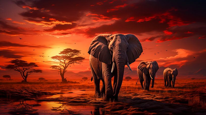 African elephants on the savannah during sunset by Luc V. de Zeeuw