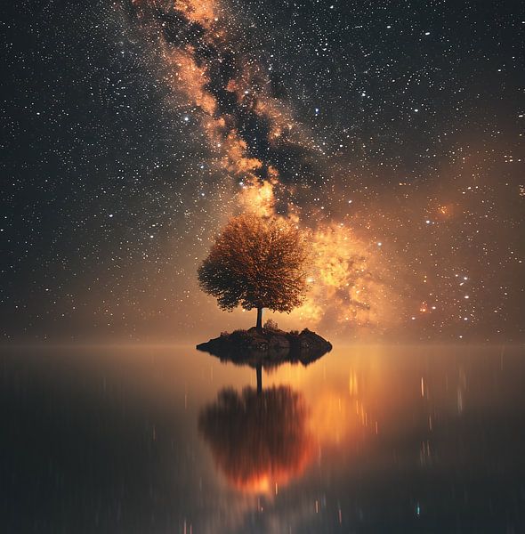 Baum und Milchstraße über dem Gewässer von fernlichtsicht