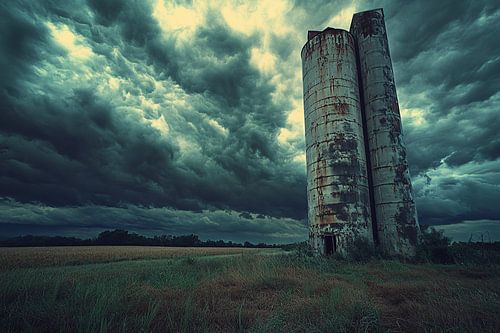 Ancien silo à grains dans un champ abandonné