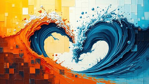 In dit panoramische werk ontvouwt zich een zeegezicht met een beklemmende sensuele en materiële aanwezigheid. Dik aangebrachte acrylverf staat in reliëfachtige lagen op het doek en creëert een bijna sculpturaal oppervlak - een vibrerend veld van beweging, fragment en vorm.  Rechthoekige beeldsegmenten lopen door de compositie als drijvende ijsschotsen op open zee. Ze lijken gefragmenteerd en toch verbonden, alsof het vluchtige delen zijn van een voortdurend veranderend geheel.  Een monumentale golf dringt van rechts het beeld binnen, gekleurd in meerlagige blauwtinten en bezaaid met witte nevel. In het midden ervan ontstaat een draaikolk - een gat dat het doek lijkt te openen en zicht geeft op een dieper niveau. Geometrische vormen dansen op de golf: Rechthoeken en bollen in wit, blauw en oranje, vergezeld van zwevende bollen die het werk een bijna magische, gewichtloze dimensie geven.  Het schilderij beweegt zich tussen de polen orde en chaos, structuur en ontbinding, kalmte en storm. Het verkent het fragiele evenwicht van de elementen en nodigt de kijker uit om zich onder te dompelen in een zee van kleur, ritme en energie.