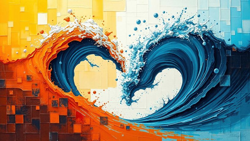 In this panoramic work, a seascape of haunting sensual and material presence unfolds. Thickly applied acrylic paint stands in relief-like layers on the canvas and creates an almost sculptural surface - a vibrating field of movement, fragment and form.  Rectangular picture segments run through the composition like floating floes on the open sea. They appear fragmented and yet connected, as if they were fleeting sections of a constantly changing whole.  A monumental wave pushes into the picture from the right, coloured in multi-layered shades of blue and streaked with white spray. At its centre, a vortex is created - a hole that seems to open up the canvas and reveals a view of a deeper level. Geometric shapes dance on the wave: Rectangles and spheres in white, blue and orange, accompanied by floating spheres that lend the work an almost magical, weightless dimension.  The painting moves between the poles of order and chaos, structure and dissolution, calm and storm. It explores the fragile balance of the elements and invites the viewer to immerse themselves in a sea of colour, rhythm and energy. by AidasignArt