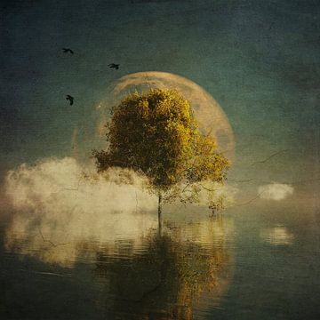 Dream landscape –Surrealistic landscape with yellow birch and full moon by Jan Keteleer