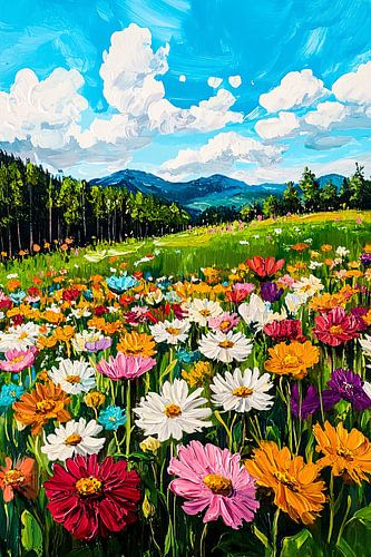 Kleurrijk bloemenlandschap met bergen