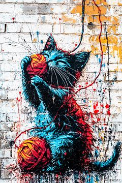 Kat met bol garen street art van Art & Soul Creations