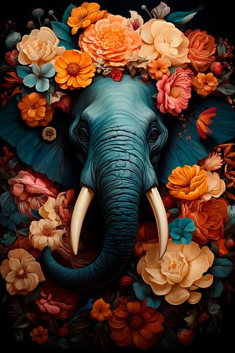 Éléphant entouré de fleurs