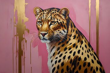 Élégant léopard doré sur toile rose sur De Muurdecoratie