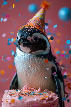 Grappige pinguïn met verjaardagshoed en taart viert feest van Felix Brönnimann