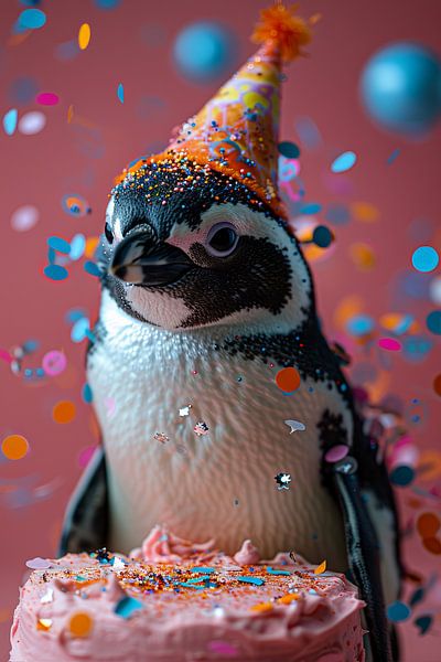 Grappige pinguïn met verjaardagshoed en taart viert feest van Poster Art Shop