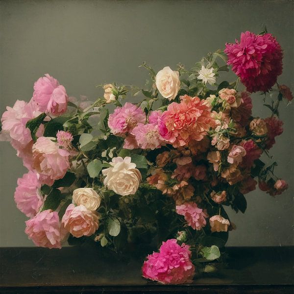 Still life of purple, pink and white flowers and roses painted as in the 1800s by Roger VDB