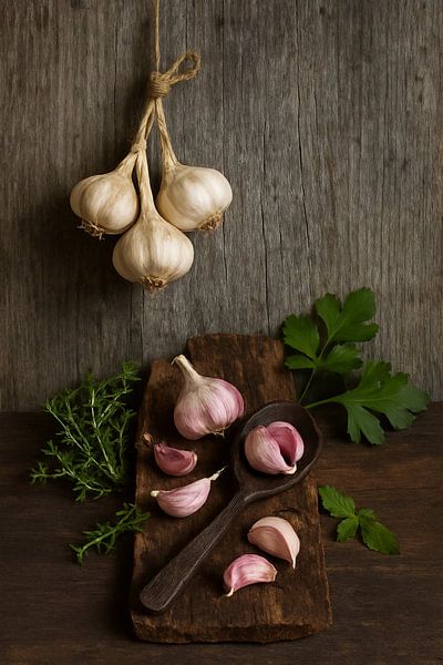 Knoblauch &amp; Kräuter - Reines Stilleben auf Holz von Kleurenrijk