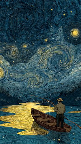 Man Fishing Stars Beneath Starry Night Sky