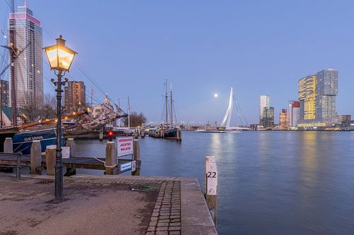 Skyline Rotterdam Erasmusbrug Kop van Zuid by night in de maneschijn
