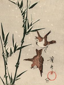 Mussen, bamboe en vallende sneeuw, Keisai Eisen
