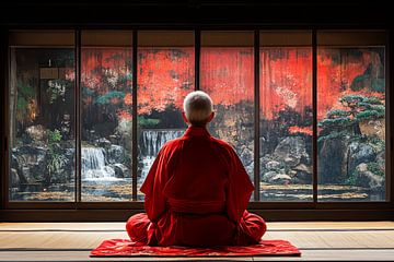 praying monk overlooking japanese landscape by Egon Zitter