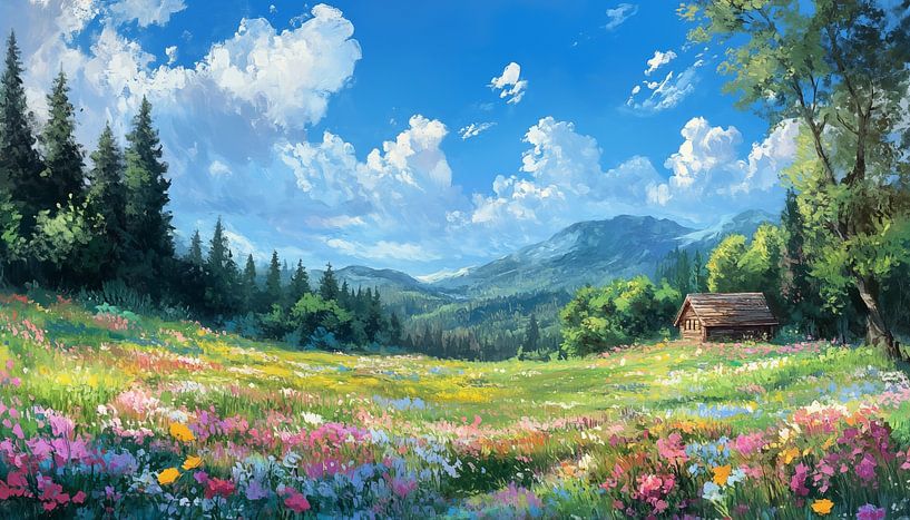 Bunte Landschaft und Hütte Ölpanorama von TheXclusive Art