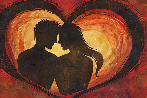 Twee Silhouetten en Hart in Warme Tinten