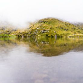 Nebliger Bergsee in grüner Hügellandschaft von Daisy Renders