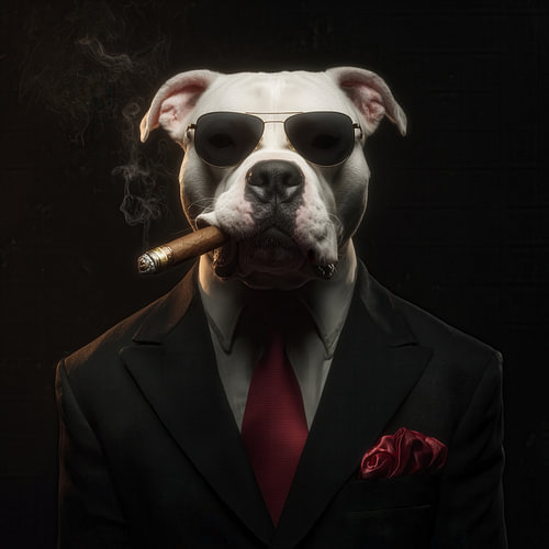 Mafia-weißer Hund mit Zigarre und Sonnenbrille