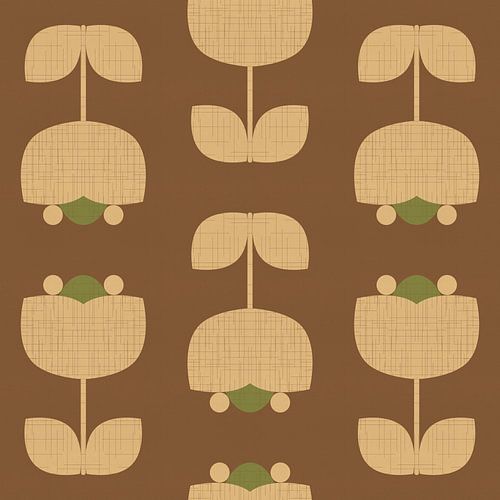 Vintage patroon met tulpen in bruin, groen, zand