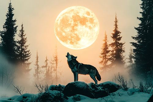 Wolf en volle maan landschap