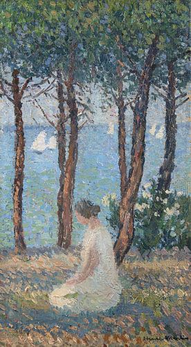 Vrouw in een park (Muze knielend onder de dennen), Henri Martin