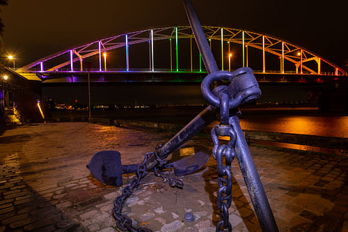 Bridge with anchor near Deventer in rainbow colours for Comingout-Day