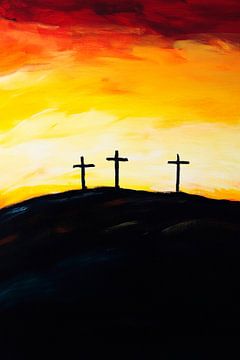 Silhouetten van kruizen in de zonsondergang van Poster Art Shop
