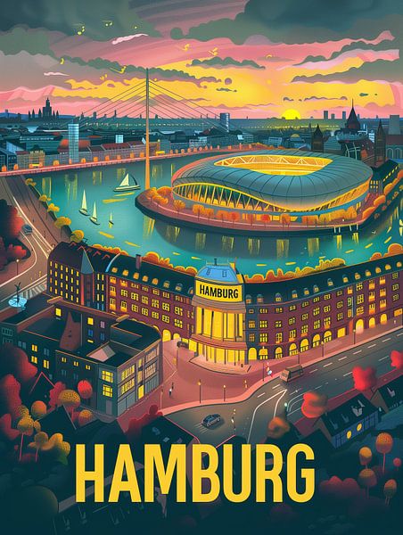 Golden Hamburg Sunset: Waterfront City Vintage Poster by Travel Shop