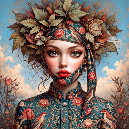 Woman with autumn leaves and a bird-patterned scarf