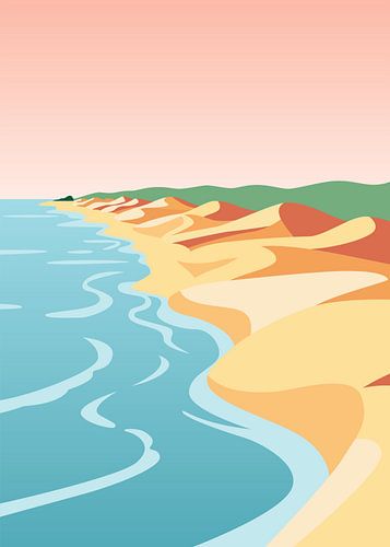 Minimalistische, platte vectorillustratie van kustduinen die onder een roze hemel uitkomen bij de blauwe oceaan.
